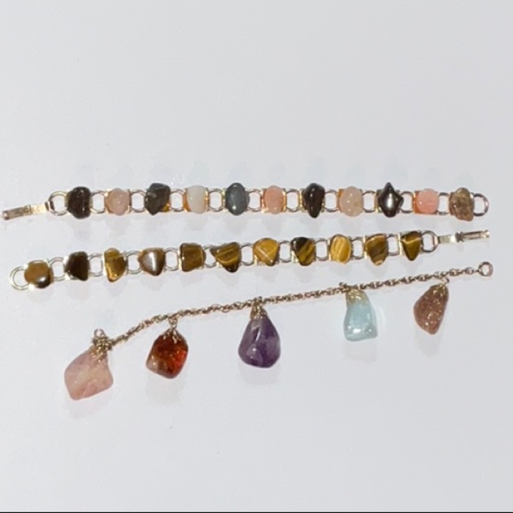 Polished Stones Rocks Gold Tone Link Chain and Chain Bracelets Lot of Three